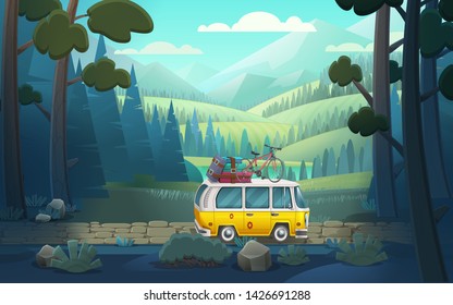 Landscape with mountains, forest, fields and minivan car. Nature background in retro style. Vector illustration.