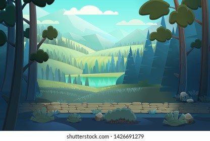 Landscape with mountains, forest, fields. Nature background in retro style. Vector illustration.