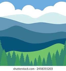 Landschaft mit Bergen und Wald im flachen Stil. Vektorillustration.