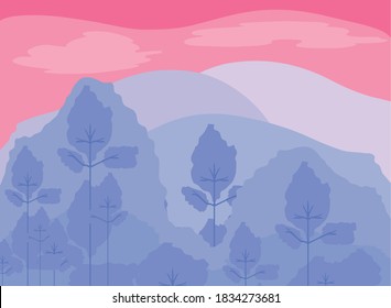 landscape mountains forest foliage trees sky purple design vector illustration