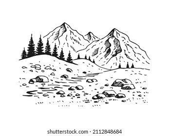 Landscape with mountains and forest. Hand drawn illustration converted to vector.