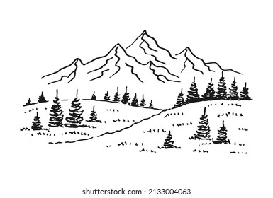 Landscape with mountains and forest. Hand drawn illustration converted to vector.