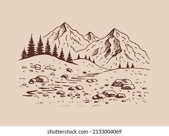 Landscape with mountains and forest. Hand drawn illustration converted to vector.