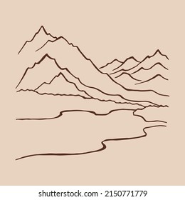Paisaje con montañas y bosques. Ilustración dibujada a mano convertida en vector.