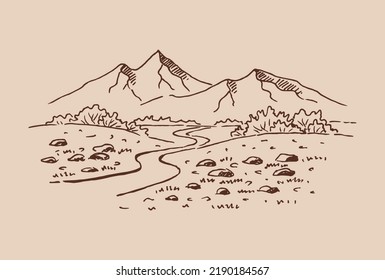 Paisaje con montañas y bosques. Ilustración dibujada a mano convertida en vector.
