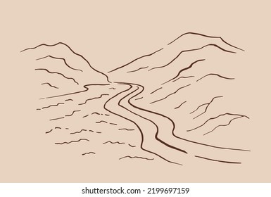 Landscape with mountains and forest. Hand drawn illustration converted to vector.