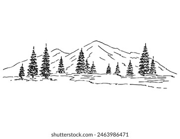 Landscape with mountains and forest. Hand drawn vector illustration.