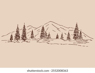 Landscape with mountains and forest. Hand drawn illustration converted to vector.
