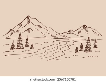 Landscape with mountains and forest. Hand drawn vector illustration.