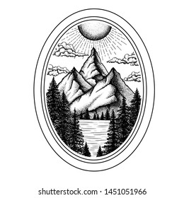 Landscape with mountains, forest and lake. Ink hand drawn vector illustration in oval frame