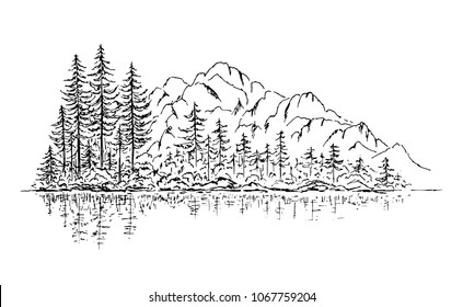 Landscape mountains, forest, river. Hand drawn sketch vector illustration.