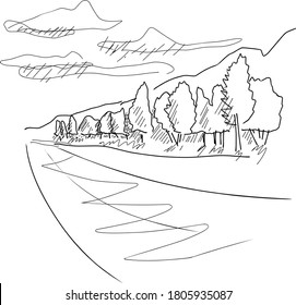 landscape with mountains forest and road. linear pattern. simple sketch