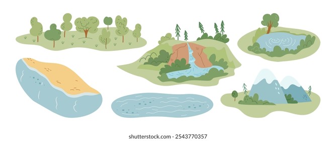 Paisaje con montañas y bosque, costa y playa con arena. Vector en estilo plano, conjunto aislado de ubicación o mapas para el turismo y viajar de vacaciones o vacaciones, bosque y cumbre