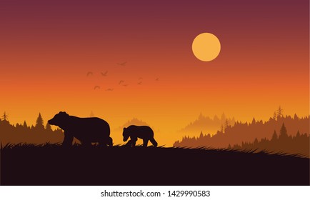 Landscape with mountains, forest and silhouettes of trees and wild bears.