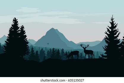 Landscape With Mountains, Forest And Silhouettes Of Trees And Wild Deers