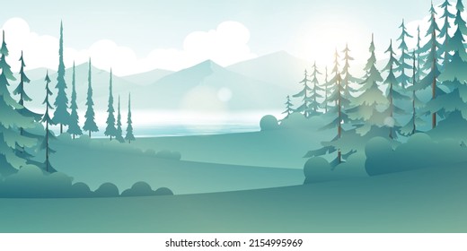 
Landscape of mountains and forests. Cartoon mountain landscape.