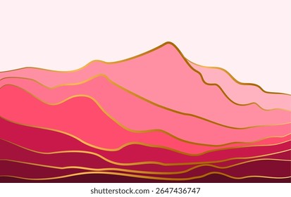 Landscape mountains with golden line art. mountain llustration in flat style.