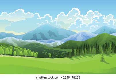 Landscape mountains, grasslands meadows and blue sky with clouds. Cartoon flat panorama of spring summer forest. Beautiful nature background. Vector illustration