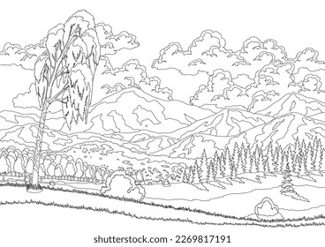 Landscape mountains, grasslands meadows and sky with clouds in coloring style. Cartoon flat panorama of spring summer forest. Beautiful nature background. Vector illustration