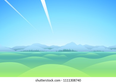 Landscape with mountains and green hills. Flat style. Travel background.