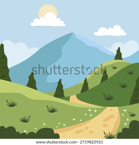 Landscape with mountains, green hills, and a path on a sunny day. Travel theme. EPS 10.