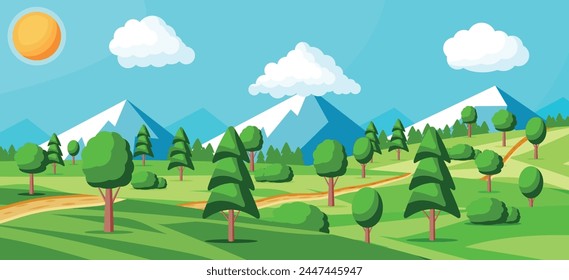 Landscape Of Mountains And Green Hills. Summer Nature Landscape With Rocks, Forest, Grass, Sun, Sky and Clouds. National Park or Nature Reserve. Vector Illustration In Flat Style