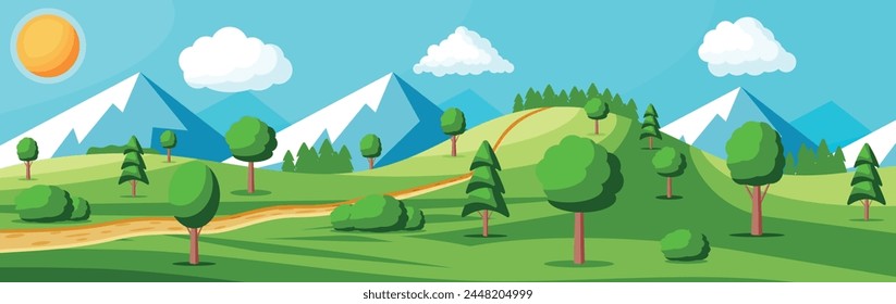 Landscape Of Mountains And Green Hills. Summer Nature Landscape With Rocks, Forest, Grass, Sun, Sky and Clouds. National Park or Nature Reserve. Vector Illustration In Flat Style