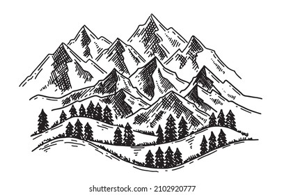 Landscape mountains. Hand drawn illustration.	