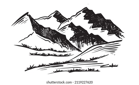 Landscape mountains, Hand drawn illustration.	