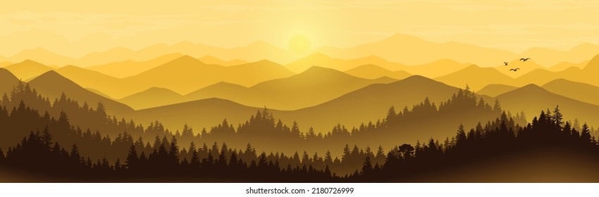 Landscape of mountains and high pine forests of mountains mountains with fog at dawn and evening, landscape photo, templates for presentations, magazine cover.