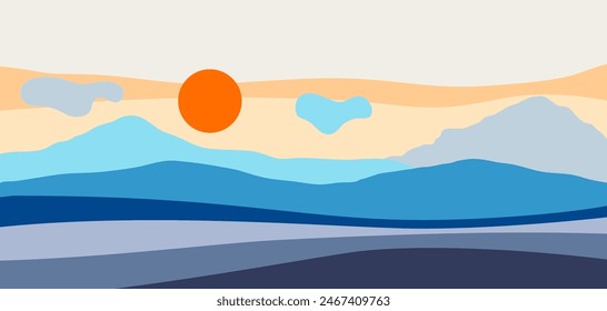 Landscape with mountains and hills. Natural scene illustration.