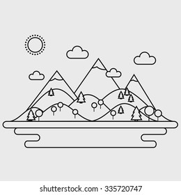 Landscape. Mountains, hills. river and trees on background. Flat line style vector illustration. 