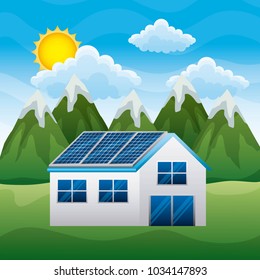landscape mountains house with panel solar in roof - energy clean