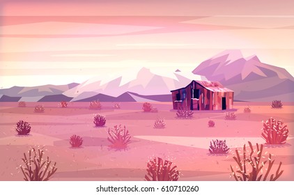 Landscape with mountains and house. Sunny day in the desert. Vector design illustration for web design development, natural landscape graphics.