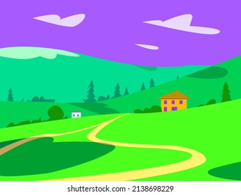 Landschaft mit Bergen und Häusern. Die Natur. Vektorgrafik