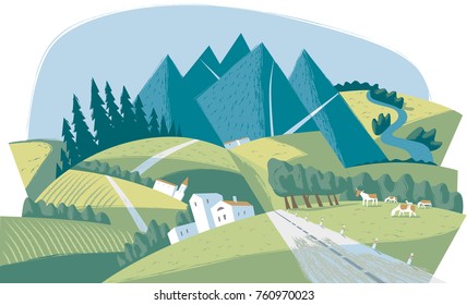 Landscape with mountains, illustration