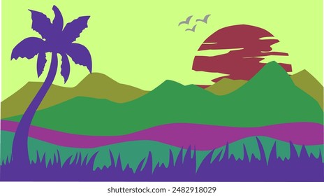 Ilustración de montañas con vista clara del cielo, el pájaro, la luna y las Formas de las siluetas de hierba