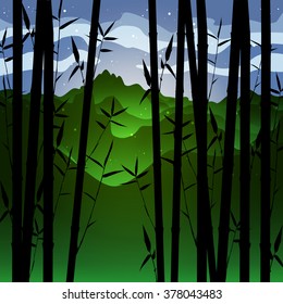 Landscape. The mountains. Japan. Day. Morning. Bamboo. Silhouette. Vector.