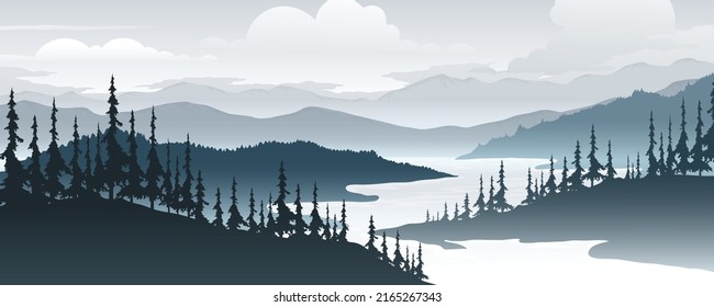 landscape with mountains and lake.