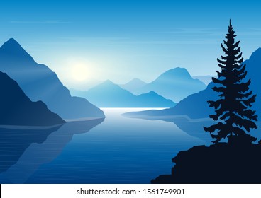 Landscape with  mountains, lake and fir-tree. Mountain river.  Tourism and travelling. Vector  design. Background for web page, internet site