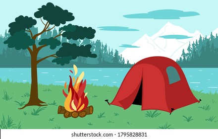 Landscape with mountains, lake, forest, campfire, pine and red tent. Flat vector illustration of tourism and recreation in the wild. Hand drawn colorful image. 