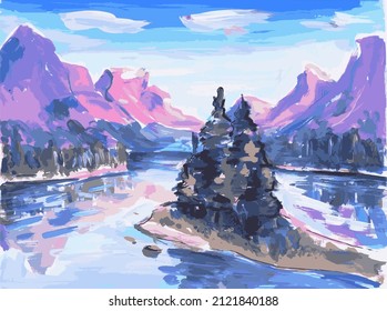 Landscape mountains and lake painted with paints vector