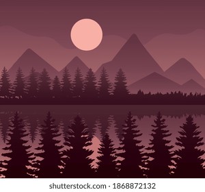 Landscape of mountains lake pine trees and moon on brown background design, nature and outdoor theme Vector illustration