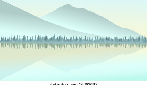 Landscape with mountains, lake and spruce. Reflection of mountain silhouettes in the calm surface of a mountain lake. Tourism and travel concept. Background for web page, website. Vector image