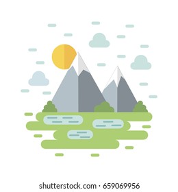 Landscape with mountains and lake in the style of flat. Vector illustration