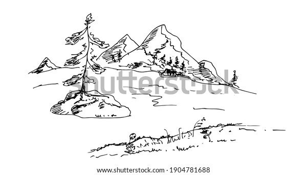 Landscape Mountains Lake Tree Vector Illustration Stock Vector (Royalty ...