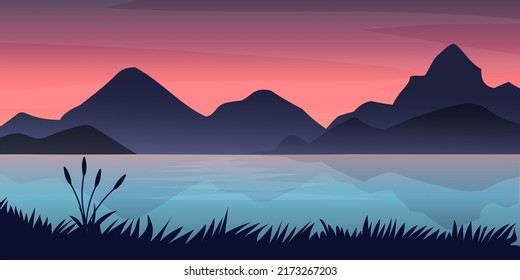 Paisaje con el vector del lago montañoso 
