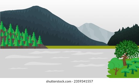 Paisaje de montañas y lagos. ilustración vectorial. Caricatura panorámica plana del verano de primavera hermosa naturaleza, prado de praderas verdes con flores, bosque, pintoresco lago azul y montañas