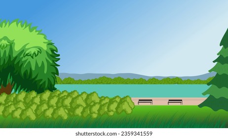 Landscape of mountains and lakes. vector illustration. Cartoon flat panorama of spring summer beautiful nature, green grasslands meadow with flowers, forest, scenic blue lake and mountains