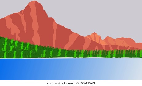 Landscape of mountains and lakes. vector illustration. Cartoon flat panorama of spring summer beautiful nature, green grasslands meadow with flowers, forest, scenic blue lake and mountains